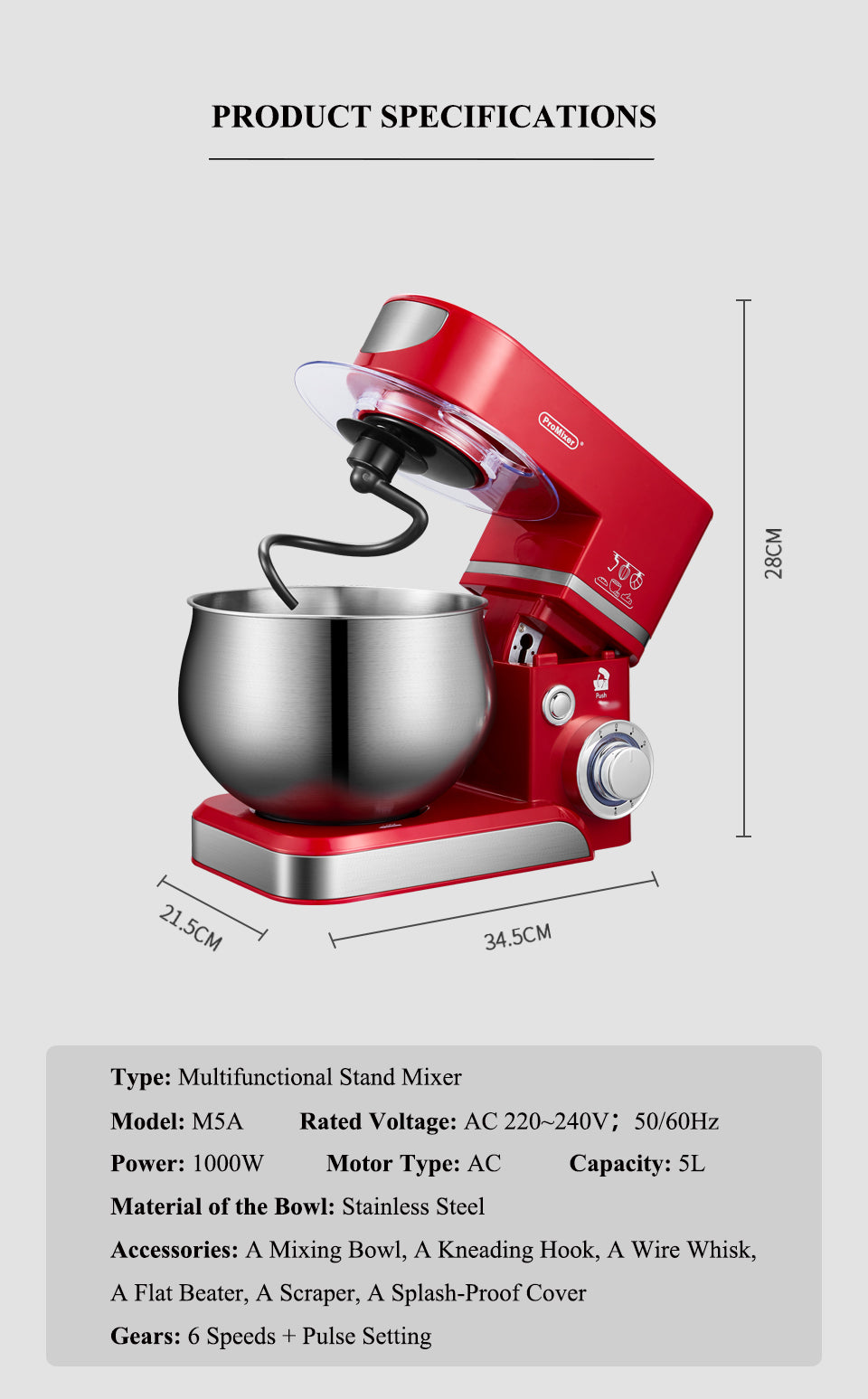 Misturador Planetário ProMixer M5A Capacidade 5L, potência 1000W, 6 velocidades