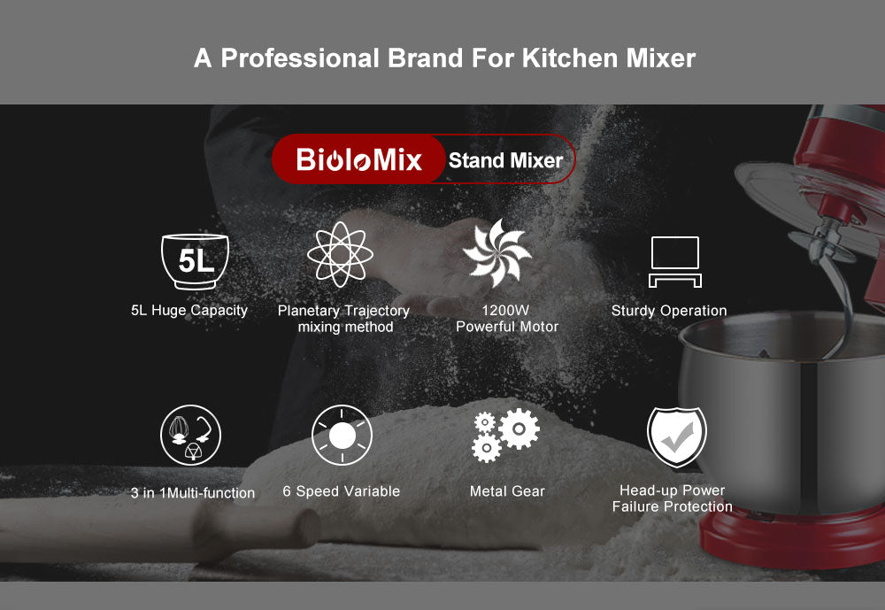 Biolomix 1200w 5l tigela de aço inoxidável 6 velocidades cozinha misturador de comida creme batedor de ovo chicote massa amassar misturador liquidificador 