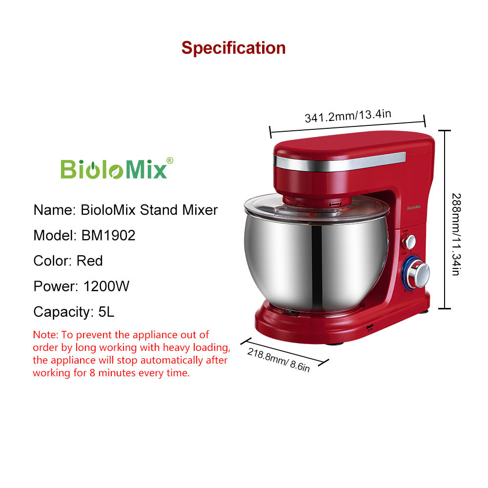 BioloMix 1200W  5L Stainless Steel Bowl 6-speed Kitchen Food Stand Mixer Cream Egg Whisk Whip Dough Kneading Mixer Blender